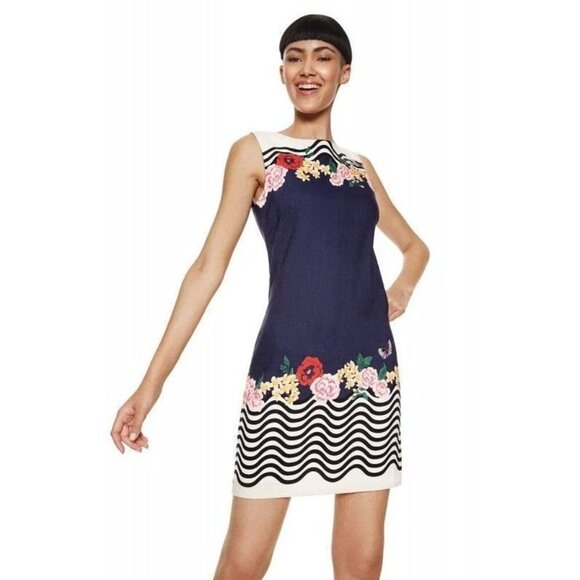Desigual Prudencia Sheath Dress US 10 Linen Blend Sleeveless Navy Floral Waves - Picture 2 of 12